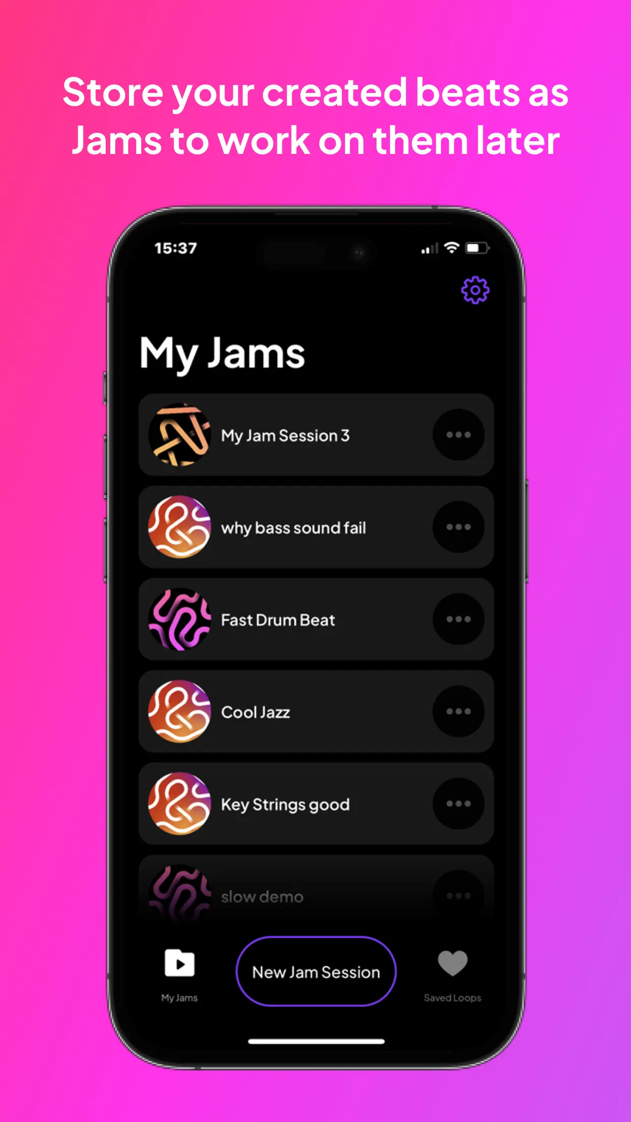 Jamahook mobile app on iPhone frame: 'Store your created beats as Jams and work on them later.'