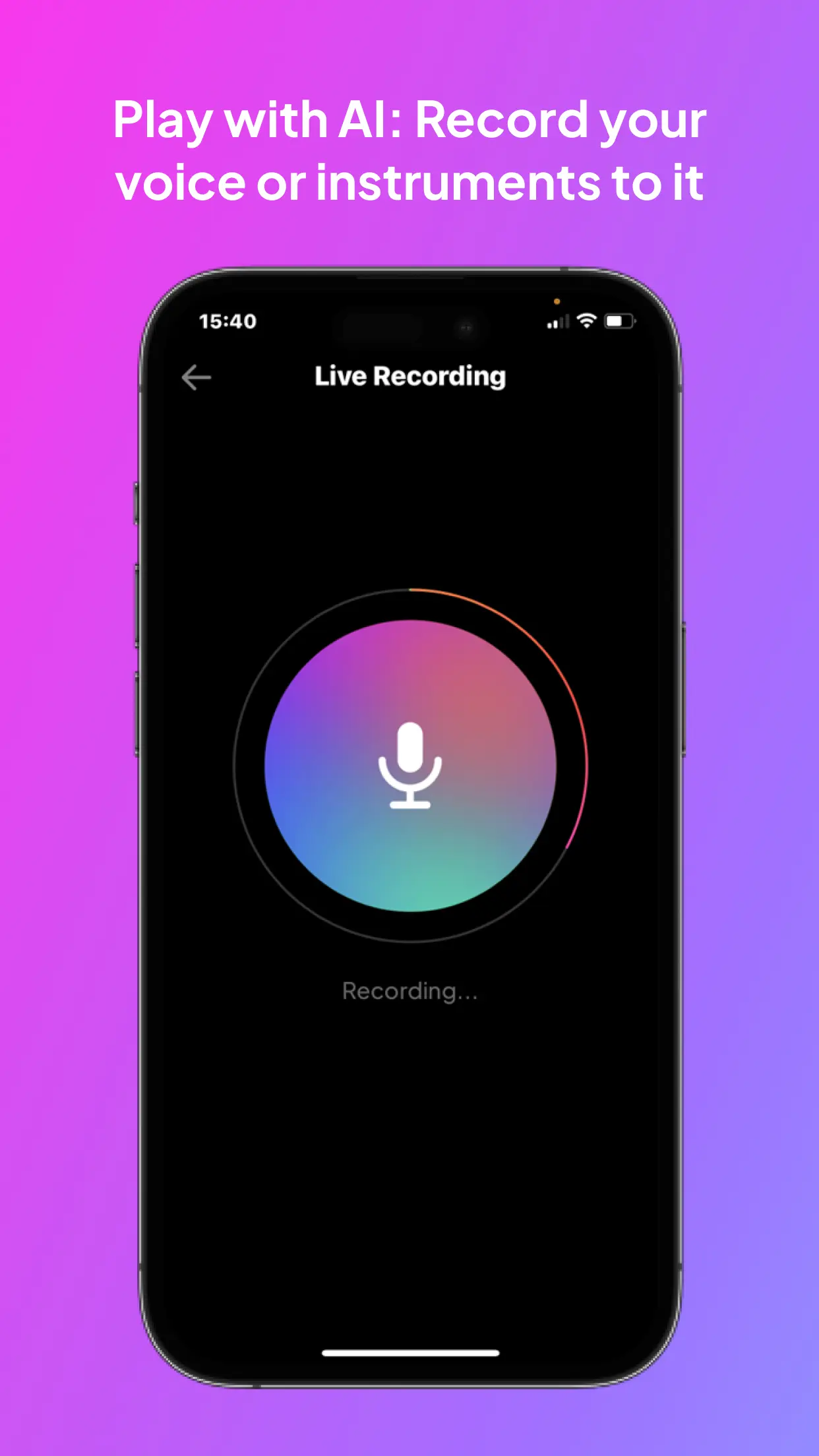 Jamahook mobile app on iPhone frame: 'Okay with AI: Record your voice or instruments to it.'